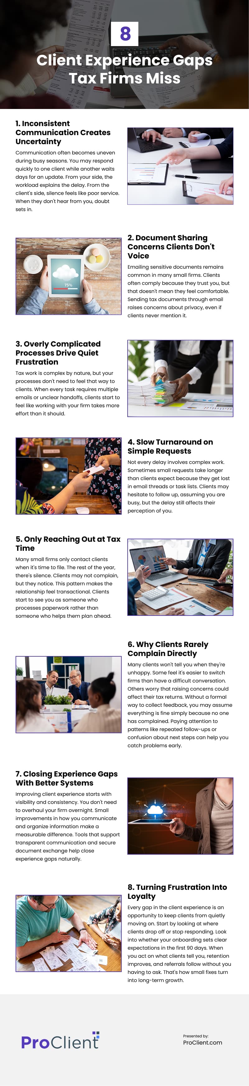 8 Client Experience Gaps Tax Firms Miss Infographic